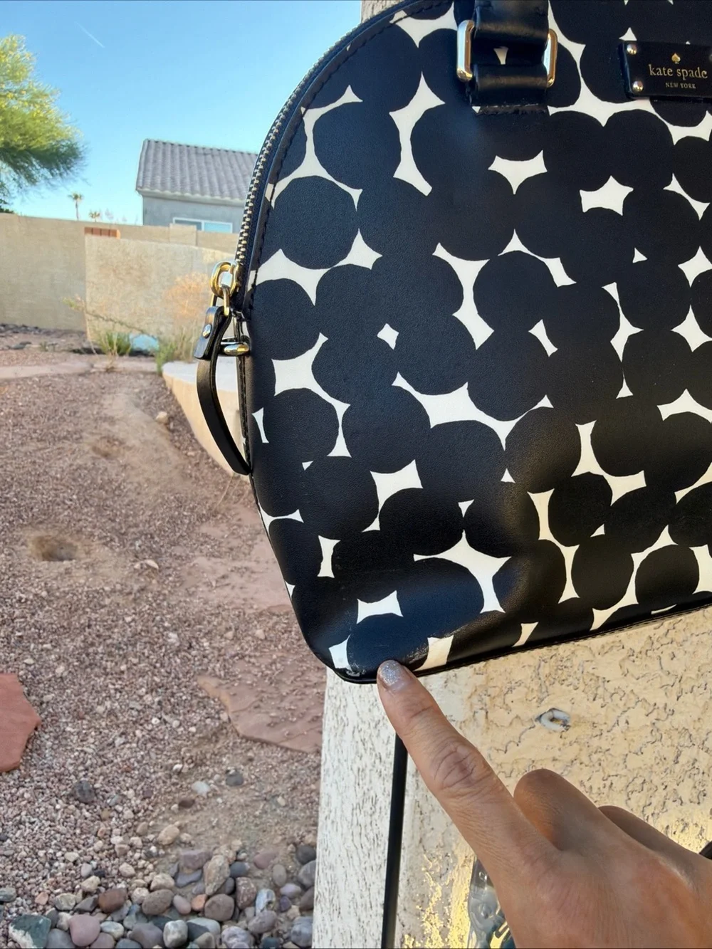 Kate Spade Black White Dot Print Dome Satchel Hand Bag M Medium